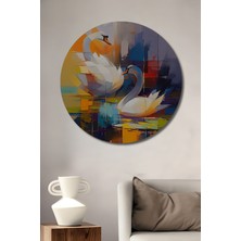 Teona Ahşap Iki Beyaz Kuğu Modern Soyut Sanat Ahşap Dekoratif Tablo Yuvarlak Duvar Tablosu