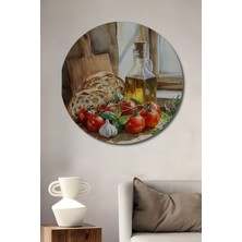 Teona Ahşap Taze Domates Zeytinyağı ve Ekmek Suluboya Görünümlü Dekoratif Ahşap Tablo Yuvarlak Duvar Tablosu