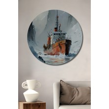 Teona Ahşap Buz Kırıcı Gemi Sulu Boya Görünümlü Ahşap Dekoratif Tablo Yuvarlak Duvar Tablosu