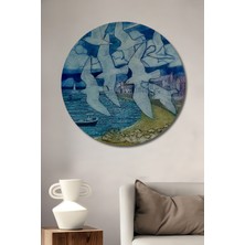 Teona Ahşap Martıların Özgür Uçuşu Sulu Boya Görünümlü Ahşap Dekoratif Tablo Yuvarlak Duvar Tablosu