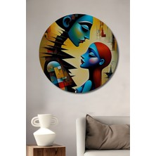 Teona Ahşap Soyut Aşkın Mistik Yüzleri Sulu Boya Görünümlü Ahşap Dekoratif Tablo Yuvarlak Duvar Tablosu