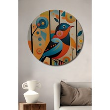 Teona Ahşap Canlı Renkler Kuş ve Soyut Çiçekler Yağlı Boya Görünümlü Ahşap Dekoratif Tablo Yuvarlak Duvar Tablosu