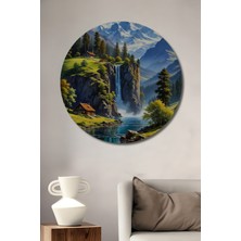 Teona Ahşap Muhteşem Şelale Manzaralı Yağlı Boya Görünümlü Ahşap Dekoratif Tablo Yuvarlak Duvar Tablosu