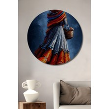 Teona Ahşap Kadın ve Sepet Yağlı Boya Görünümlü Ahşap Dekoratif Tablo Yuvarlak Duvar Tablosu