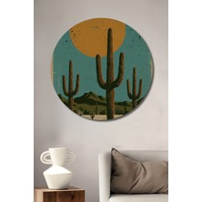 Teona Ahşap Büyük Gün Batımı Kaktüs Ormanı Yağlı Boya Görünümlü Dekoratif Ahşap Tablo Yuvarlak Duvar Tablosu