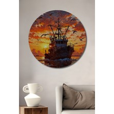 Teona Ahşap Büyük Balıkçı Teknesi Gün Batımı Deniz Manzarası Yağlı Boya Görünümlü Ahşap Dekoratif Tablo Yuvarlak Duvar Tablosu