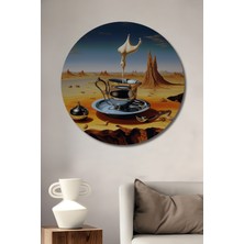 Teona Ahşap Sürrealist Çöl Kahvesi Yağlı Boya Görünümlü Dekoratif Ahşap Tablo Yuvarlak Duvar Tablosu