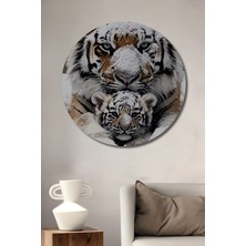 Teona Ahşap Kış Kaplanları Anne Yavru Yağlı Boya Görünümlü Dekoratif Ahşap Tablo Yuvarlak Duvar Tablosu