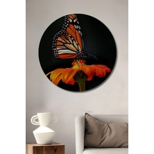 Teona Ahşap Monarch Kelebekli Turuncu Çiçek Yağlı Boya Görünümlü Ahşap Dekoratif Tablo Yuvarlak Duvar Tablosu