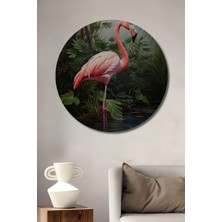 Teona Ahşap Flamingo Orman Yağlı Boya Görünümlü Ahşap Dekoratif Tablo Yuvarlak Duvar Tablosu
