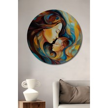 Teona Ahşap Anne Çocuk Sevgisi Soyut Sanat Yağlı Boya Görünümlü Ahşap Dekoratif Tablo Yuvarlak Duvar Tablosu