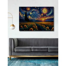 Teona Ahşap Ay Çiçekleri Tarlası Van Gogh Esinli Yağlı Boya Görünümlü Ahşap Dekoratif Ev,antre,salon Tablo