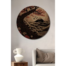 Teona Ahşap Japon Esintili Fuji Dağı ve Kiraz Çiçekleri Yağlı Boya Görünümlü Ahşap Dekoratif Tablo Yuvarlak Duvar Tablosu