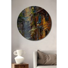 Teona Ahşap Büyülü Şehir Sokakları Yağlı Boya Görünümlü Ahşap Tablo Yuvarlak Duvar Tablosu