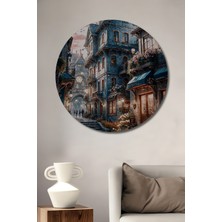 Teona Ahşap Büyülü Şehir Sokağı Yağlı Boya Görünümlü Ahşap Dekoratif Tablo Yuvarlak Duvar Tablosu