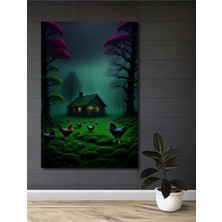 Teona Ahşap Gızemlı Orman Evi ve Horoz Sürüsü Yağlı Boya Görünümlü Ahşap Dekoratif Ev,antre,salon,ofis Tablo