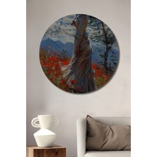 Teona Ahşap Kırmızı Şemsiyeli Kadın Kır Çiçekleri Yağlı Boya Görünümlü Soyut Sanat Yuvarlak Duvar Tablosu