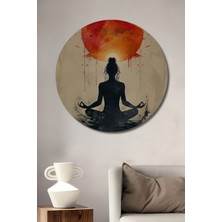Teona Ahşap Meditasyon Sanatı Kırmızı Güneş ve Lotus Çiçekleri Ahşap Dekoratif Tablo Yuvarlak Duvar Tablosu