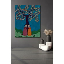 Teona Ahşap Rengarenk Yapraklı Ağaç ve Iki Kız Kardeş Yağlı Boya Görünümlü Ahşap Dekoratif Ev,antre,salon Tablo