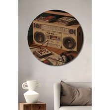 Teona Ahşap Retro Kaset Çalar ve Müzik Aletleri Yağlı Boya Görünümlü Ahşap Dekoratif Tablo Yuvarlak Duvar Tablosu