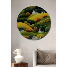 Teona Ahşap Yün Dokulu Kırsal Manzara Yağlı Boya Görünümlü Ahşap Dekoratif Tablo Yuvarlak Duvar Tablosu