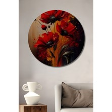 Teona Ahşap Kırmızı Gelinciklerin Enerjik Yağlı Boya Görünümlü Modern Sanat Dekoratif Ahşap Tablo  Yuvarlak Duvar Tablosu