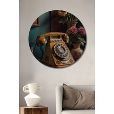 Teona Ahşap Nostaljik Kadife Telefon Yağlı Boya Görünümlü Ahşap Dekoratif Tablo Yuvarlak Duvar Tablosu