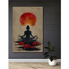 Teona Ahşap Meditasyon Sanatı Kırmızı Güneş ve Lotus Çiçekleri Ahşap Dekoratif Ev,antre,salon,ofis,mutfak Tablo
