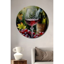 Teona Ahşap Lezzetli Şarap Kadehi Üzüm Salkımı Sulu Boya Görünümlü Ahşap Dekoratif Tablo Yuvarlak Duvar Tablosu