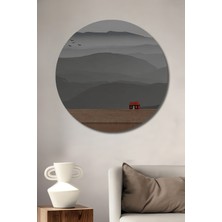 Teona Ahşap Minimalist Kırmızı Ev Manzarası Yağlı Boya Görünümlü Ahşap Dekoratif Tablo Yuvarlak Duvar Tablosu