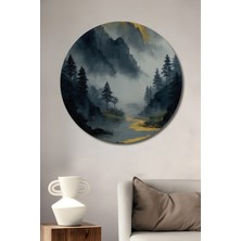 Teona Ahşap Altın Yankılı Dağlar Sulu Boya Görünümlü Dekoratif Ahşap Tablo Yuvarlak Duvar Tablosu