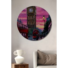 Teona Ahşap Londra Big Ben Yağlı Boya Görünümlü Ahşap Dekoratif Tablo Yuvarlak Duvar Tablosu