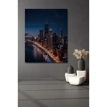 Teona Ahşap Chicago Gece Işıltısı Yağlı Boya Görünümlü Modern Sanat Ahşap Dekoratif Ev,antre,salon,ofis Tablo