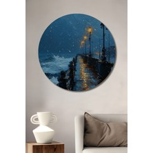 Teona Ahşap Sahil Yolu Fenerleri Yağlı Boya Görünümlü Ahşap Dekoratif Tablo Yuvarlak Duvar Tablosu