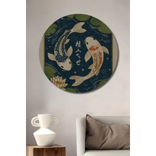 Teona Ahşap Japon Koi Balığı ve Lotus Çiçeği Yağlı Boya Görünümlü Dekoratif Ahşap Tablo Yuvarlak Duvar Tablosu