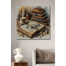 Teona Ahşap Sulu Boya Görünümlü Kitap Kahve Mum Işık Sanat Ev,antre,salon,ofis,mutfak,yatak Odası Tablosu