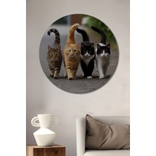 Teona Ahşap Dört Sevimli Dost Siyah Beyaz Kedi Baskılı Yağlı Boya Görünümlü Ahşap Dekoratif Tablo Yuvarlak Duvar Tablosu