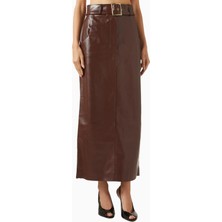Belted Maxi Skirt, Lüks Kahverengi Eco Leather Kuşaklı Şık Maxi Etek