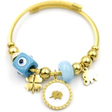 Ares 01 Store Altın Renk Nazar Boncuklu Fil ve Yonca Detaylı Kararmaz Kelepçe Bileklik