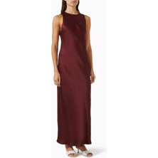 Asceno Valencia Ipek Saten Elbise Burgundy Maroon