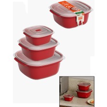 Timion 3 Pcs Kırmızı Kare Saklama Kabı Set 550-1100-2200ML (5148)