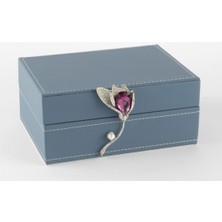 Es Dekor Mavi Çiçek Kulplu Deri Kutu 18X13X8CM Dekoratif Ürün Dekorasyon