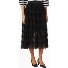Maje Ruffle Tiers Siyah Tül Midi Etek, Katmanlı ve Zarif Siluet