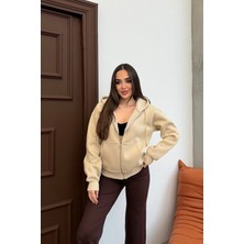 Mezka Kadın Kapüşonlu Bağcıklı Sweatshirt Fermuarlı 3 Iplik Şardonlu Rahat Kesim