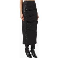 Rotate Birger Christensen Studded Detaylı Siyah, Gerçek Deri Midi Etek