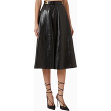 Elisabetta Franchi Crackled Deri Görünümlü, Siyah Kloş Midi Etek