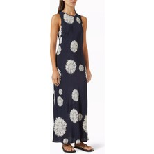 Asceno Valencia Ipek Crepe Elbise Navy Sunflower Zarif & Çok Yönlü