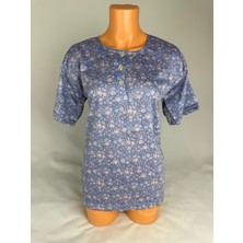 Yaşar Triko Kadın Düğmeli U Yaka Çiçek Desenli Kısa Kollu Yırtmaçlı Dokuma Viskon Anne Penye Tişört