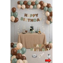 Baloncu Dede Kahverengi Okaliptus Yeşili Kum Beji Pastel Balon Seti Happy Birthday Yazısı Doğum Günü Süsleme Konsepti
