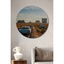 Teona Ahşap Route 66 Klasik Araba Sulu Boya Görünümlü Dekoratif Ahşap Tablo Yuvarlak Duvar Tablosu